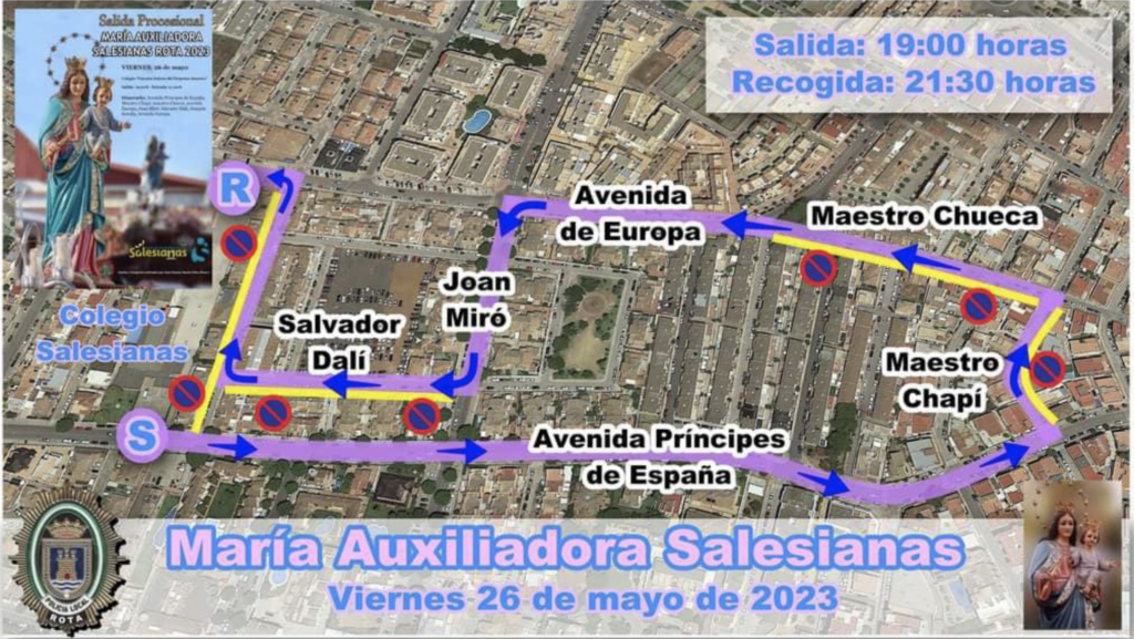 Mañana es uno de nuestros grandes días. María Auxiliadora sale en procesión por las calles del barrio aupada por la comunidad educativa de nuestro colegio. Este será el recorrido 📍 ¡Nos vemos mañana junto a ELLA!